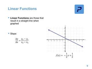 Linear Functions
 Linear Functions are those that
result in a straight line when
graphed
 Slope:
9
𝑓 𝑥 = −
1
2
𝑥 +
1
2
∆𝑦
∆𝑥
=
𝑦2 − 𝑦1
𝑥2 − 𝑥1
 