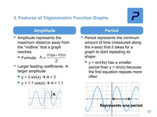 3. Features of Trigonometric Function Graphs
Amplitude
 Amplitude represents the
maximum distance away from
the “midline” that a graph
reaches
 Formula:
 Larger leading coefficients 
larger amplitude
 y = 3 sin(x)  A = 3
 y = 1.1 cos(x)  A = 1.1
Period
 Period represents the minimum
amount of time (measured along
the x-axis) that it takes for a
graph to start repeating its
shape
 y = sin(4x) has a smaller
period than y = sin(x) because
the first equation repeats more
often
17
A
Represents one period
 