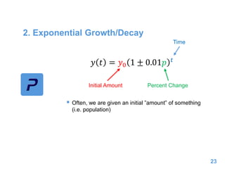 2. Exponential Growth/Decay
 Often, we are given an initial ”amount” of something
(i.e. population)
23
𝑦 𝑡 = 𝑦0 1 ± 0.01𝑝 𝑡
Initial Amount Percent Change
Time
 