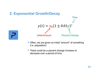 2. Exponential Growth/Decay
 Often, we are given an initial ”amount” of something
(i.e. population)
 There could be a percent change increase or
decrease over a period of time
23
𝑦 𝑡 = 𝑦0 1 ± 0.01𝑝 𝑡
Initial Amount Percent Change
Time
 