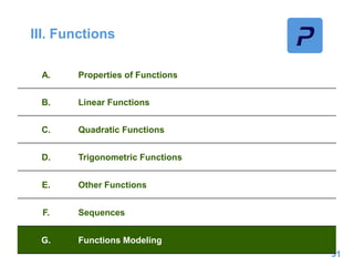 III. Functions
31
A. Properties of Functions
B. Linear Functions
C. Quadratic Functions
D. Trigonometric Functions
E. Other Functions
F. Sequences
G. Functions Modeling
 