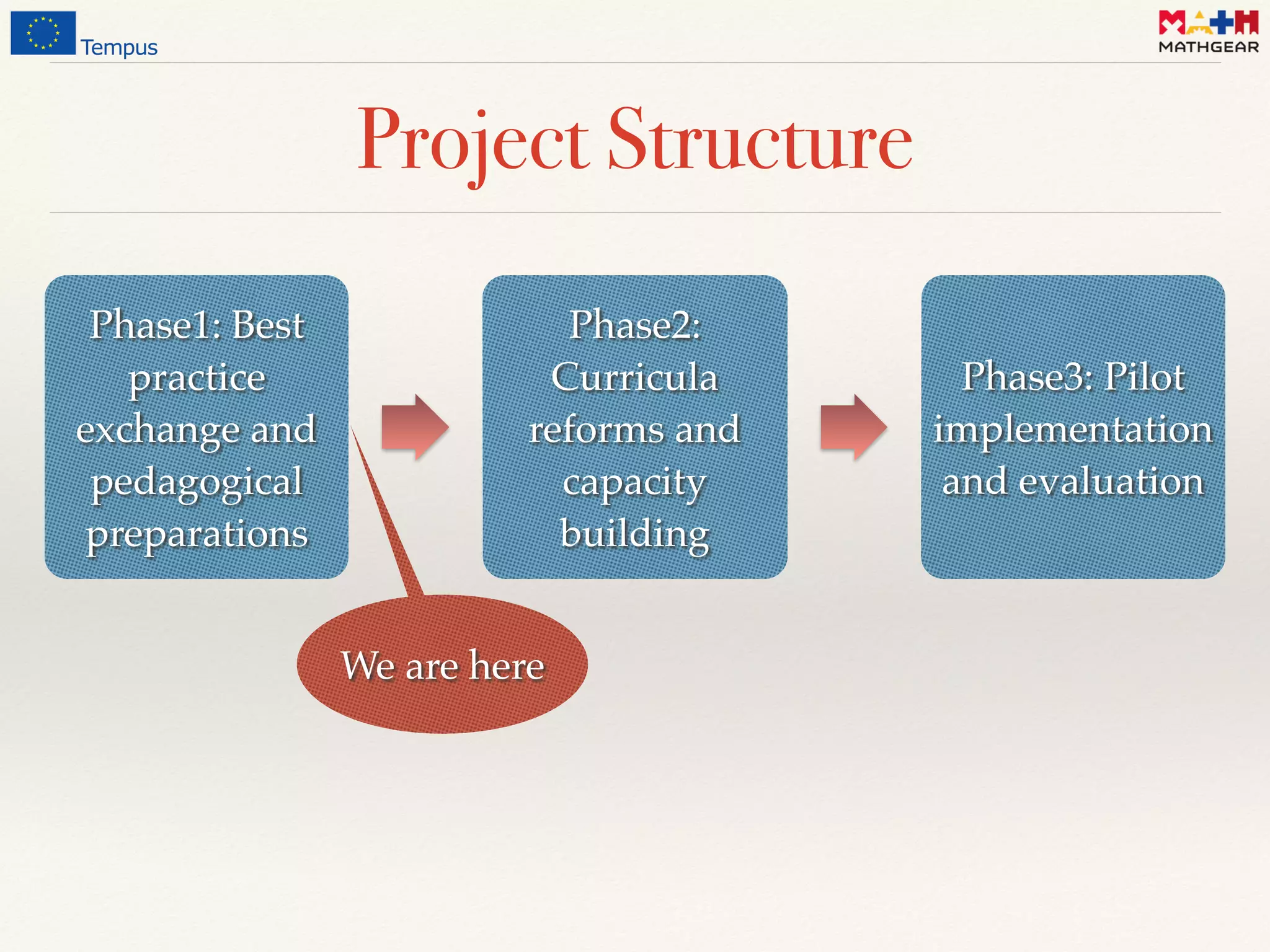 Project Structure
Phase1: Best
practice
exchange and
pedagogical
preparations
Phase2:
Curricula
reforms and
capacity
building
Phase3: Pilot
implementation
and evaluation
We are here
 