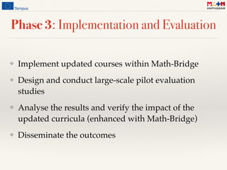 Phase 3: Implementation and Evaluation
❖ Implement updated courses within Math-Bridge
❖ Design and conduct large-scale pilot evaluation
studies
❖ Analyse the results and verify the impact of the
updated curricula (enhanced with Math-Bridge)
❖ Disseminate the outcomes
 