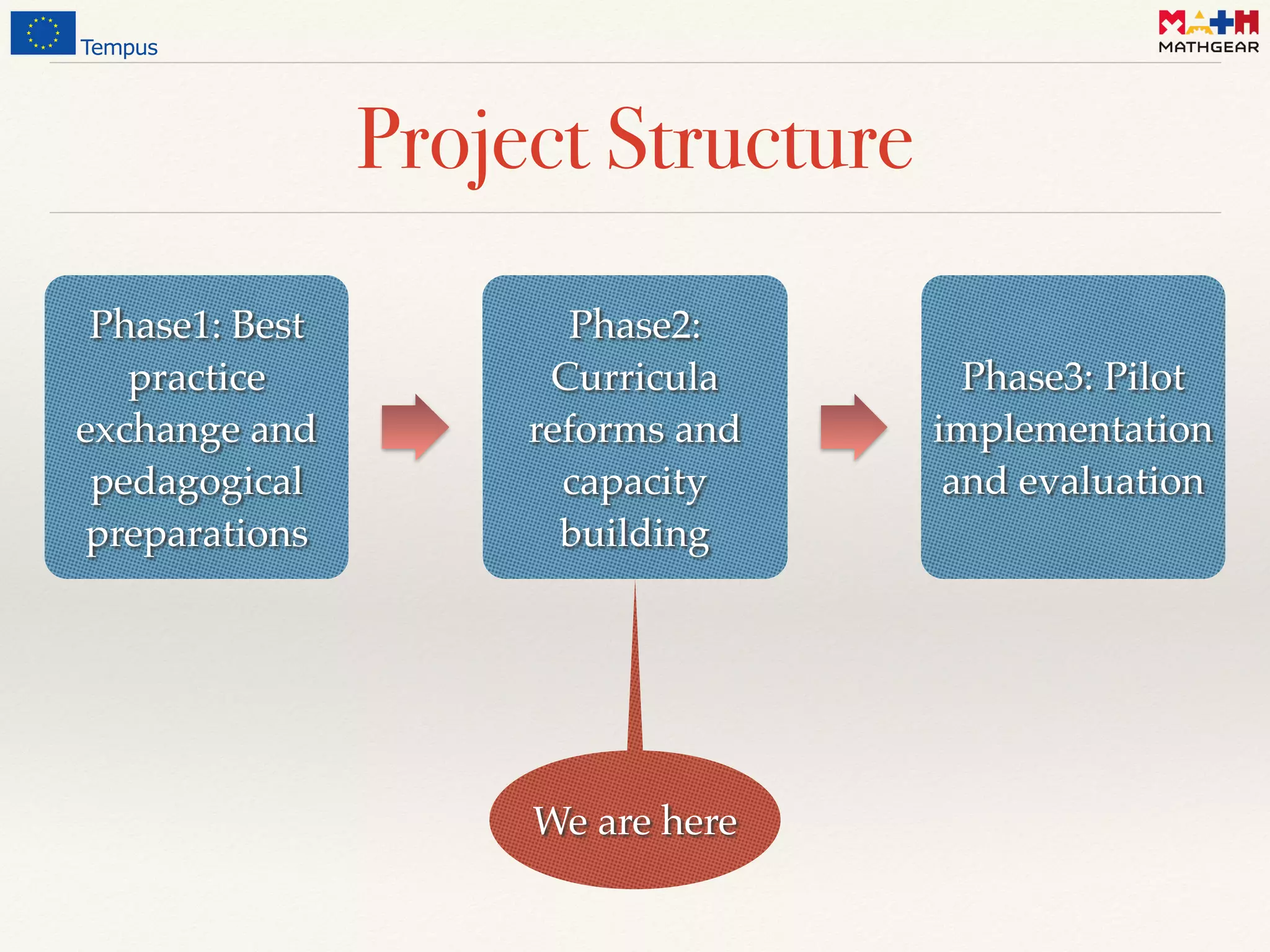 Project Structure
Phase1: Best
practice
exchange and
pedagogical
preparations
Phase2:
Curricula
reforms and
capacity
building
Phase3: Pilot
implementation
and evaluation
We are here
 