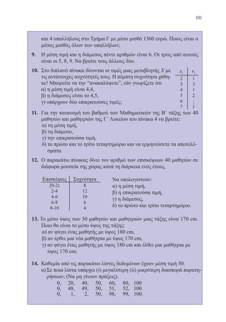 101
και 4 υπαλλήλους στο Τμήμα Γ με μέσο μισθό 1360 ευρώ. Ποιος είναι ο
μέσος μισθός όλων των υπαλλήλων;
9.	 Η μέση τιμή και η διάμεσος πέντε αριθμών είναι 6. Οι τρεις από αυτούς
είναι οι 5, 8, 9. Να βρείτε τους άλλους δύο.
10.	 Στο διπλανό πίνακα δίνονται οι τιμές μιας μεταβλητής Χ με
τις αντίστοιχες συχνότητές τους. Η πέμπτη συχνότητα χάθη-
κε! Μπορείτε να την “ανακαλύψετε”, εάν γνωρίζετε ότι
	 α) η μέση τιμή είναι 4,4,
	 β) η διάμεσος είναι το 4,5,
	 γ) υπάρχουν δύο επικρατούσες τιμές;
11.	 Για την κατανομή του βαθμού των Μαθηματικών της Β΄ τάξης των 40
μαθητών και μαθητριών της Γ΄ Λυκείου του πίνακα 4 να βρείτε:
α) τη μέση τιμή,
β) τη διάμεσο,
γ) την επικρατούσα τιμή,
δ) το πρώτο και το τρίτο τεταρτημόριο και να ερμηνεύσετε τα αποτελέ-
σματα.
12.	 Ο παρακάτω πίνακας δίνει τον αριθμό των επισκέψεων 40 μαθητών σε
διάφορα μουσεία της χώρας κατά τη διάρκεια ενός έτους.
	
	 Να υπολογιστούν:
	 α) η μέση τιμή,
	 β) η επικρατούσα τιμή,
	 γ) η διάμεσος,
	 δ) το πρώτο και τρίτο τεταρτημόριο.
13. Το μέσο ύψος των 30 μαθητών και μαθητριών μιας τάξης είναι 170 cm.
Ποιο θα είναι το μέσο ύψος της τάξης:
α) αν φύγει ένας μαθητής με ύψος 180 cm,
β) αν έρθει μια νέα μαθήτρια με ύψος 170 cm,
γ) αν φύγει ένας μαθητής με ύψος 180 cm και έλθει μια μαθήτρια με
ύψος 170 cm;
14. 	Καθεμία από τις παρακάτω λίστες δεδομένων έχουν μέση τιμή 50.
α)	Σε ποια λίστα υπάρχει (i) μεγαλύτερη (ii) μικρότερη διασπορά παρατη-
ρήσεων; (Να μη γίνουν πράξεις).
0, 20, 40, 50, 60, 80, 100
0, 48, 49, 50, 51, 52, 100
0, 1, 2, 50, 98, 99, 100.
22-0088-02.indd 101 6/9/2013 11:12:53 πμ
 