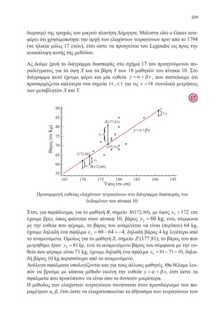 109
διορισμό της τροχιάς του μικρού πλανήτη Δήμητρα. Μάλιστα εδώ ο Gauss ανα-
φέρει ότι χρησιμοποίησε την αρχή των ελαχίστων τετραγώνων πριν από το 1794
(σε ηλικία μόλις 17 ετών), έτσι ώστε να προηγείται του Legendre ως προς την
ανακάλυψη αυτής της μεθόδου.
Ας δούμε ξανά το διάγραμμα διασποράς στο σχήμα 17 του προηγούμενου πα-
ραδείγματος για τα ύψη Χ και τα βάρη Υ των 18 μαθητών του πίνακα 10. Στο
διάγραμμα αυτό έχουμε φέρει και μία ευθεία y x= +α β , που πιστεύουμε ότι
προσαρμόζεται καλύτερα στα σημεία ( , )x yi i για τις ν =18 συνολικά μετρήσεις
των μεταβλητών Χ και Υ.
Προσαρμογή ευθείας ελαχίστων τετραγώνων στο διάγραμμα διασποράς του
δεδομένων του πίνακα 10.
Έτσι, για παράδειγμα, για το μαθητή Β, σημείο Β( , )172 60 , με ύψος x2 172= cm
έχουμε βρει, όπως φαίνεται στον πίνακα 10, βάρος y2 60= kg, ενώ, σύμφωνα
με την ευθεία που φέραμε, το βάρος του αναμένεται να είναι (περίπου) 64 kg,
έχουμε δηλαδή ένα σφάλμα ε2 60 64 4= − = − , δηλαδή βάρος 4 kg λιγότερο από
το αναμενόμενο. Ομοίως για το μαθητή Ζ, σημείο Ζ (177 81), , το βάρος του που
μετρήθηκε ήταν y kg6 81= , ενώ το αναμενόμενο βάρος του σύμφωνα με την ευ-
θεία που φέραμε είναι 71 kg, έχουμε δηλαδή ένα σφάλμα ε6 81 71 10= − = , δηλα-
δή βάρος 10 kg περισσότερο από το αναμενόμενο.
Ανάλογα σφάλματα υπολογίζονται και για τους άλλους μαθητές. Θα θέλαμε λοι-
πόν να βρούμε με κάποια μέθοδο εκείνη την ευθεία y x= +α β , έτσι ώστε τα
σφάλματα που προκύπτουν να είναι όσο το δυνατόν μικρότερα.
Η μέθοδος των ελαχίστων τετραγώνων συνίσταται στον προσδιορισμό των πα-
ραμέτρων α, β, έτσι ώστε να ελαχιστοποιείται το άθροισμα των τετραγώνων των
17
22-0088-02.indd 109 6/9/2013 11:12:59 πμ
 