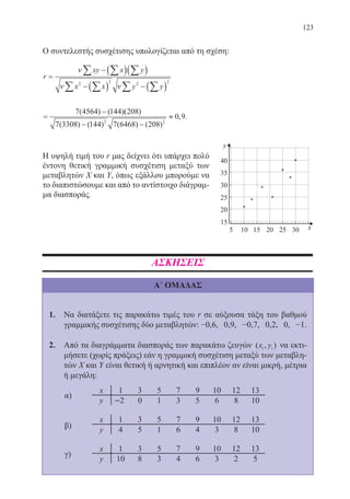 123
−
Ο συντελεστής συσχέτισης υπολογίζεται από τη σχέση:
r
xy x y
x x y y
=
− ( )( )
− ( ) − ( )
∑ ∑ ∑
∑ ∑ ∑ ∑
ν
ν ν2 2 2 2
=
−
− −
≈
7 4564 144 208
7 3308 144 7 6468 208
0 9
2 2
( ) ( )( )
( ) ( ) ( ) ( )
, .
Η υψηλή τιμή του r μας δείχνει ότι υπάρχει πολύ
έντονη θετική γραμμική συσχέτιση μεταξύ των
μεταβλητών Χ και Υ, όπως εξάλλου μπορούμε να
το διαπιστώσουμε και από το αντίστοιχο διάγραμ-
μα διασποράς.
ΑΣΚΗΣΕΙΣ
Α΄ ΟΜΑΔΑΣ
1.	 Να διατάξετε τις παρακάτω τιμές του r σε αύξουσα τάξη του βαθμού
γραμμικής συσχέτισης δύο μεταβλητών: −0,6, 0,9, −0,7, 0,2, 0, −1.
2.	 Από τα διαγράμματα διασποράς των παρακάτω ζευγών ( , )x yi i να εκτι-
μήσετε (χωρίς πράξεις) εάν η γραμμική συσχέτιση μεταξύ των μεταβλη-
τών X και Y είναι θετική ή αρνητική και επιπλέον αν είναι μικρή, μέτρια
ή μεγάλη:
α)
β)
γ)
22-0088-02.indd 123 6/9/2013 11:13:16 πμ
 