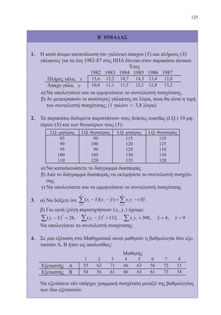 125
Β΄ ΟΜΑΔΑΣ
1.	 Η κατά άτομο κατανάλωση (σε γαλόνια) άπαχου (Υ) και πλήρους (Χ)
	 γάλακτος για τα έτη 1982-87 στις ΗΠΑ δίνεται στον παρακάτω πίνακα:
α)	Να υπολογίσετε και να ερμηνεύσετε το συντελεστή συσχέτισης.
β)	Αν μετατραπούν οι ποσότητες γάλακτος σε λίτρα, ποια θα είναι η τιμή
του συντελεστή συσχέτισης; (1 γαλόνι » 3,8 λίτρα)
2.	 Τα παρακάτω δεδομένα παριστάνουν τους δείκτες ευφυΐας (I.Q.) 10 μη-
τέρων (Χ) και των θυγατέρων τους (Υ):
α)	Να κατασκευάσετε το διάγραμμα διασποράς
β)	Από το διάγραμμα διασποράς να εκτιμήσετε το συντελεστή συσχέτι-
σης
γ)	Να υπολογίσετε και να ερμηνεύσετε το συντελεστή συσχέτισης
3.	 α) Να δείξετε ότι ( )( )x x y y x y xyi i
i
i i
i
− − = −
= =
∑ ∑1 1
ν ν
ν .
	 β) Για εφτά ζεύγη παρατηρήσεων ( )x yi i, έχουμε
	 ( )x xi − =∑
2
28, ( )y yi − =∑ 2
112, x yi i∑ = 308, x = 4, y = 9
	 Να υπολογίσετε το συντελεστή συσχέτισης.
4.	 Σε μια εξέταση στα Μαθηματικά οκτώ μαθητών η βαθμολογία δύο εξε-
ταστών Α, Β ήταν ως ακολούθως:
	 Να εξετάσετε εάν υπάρχει γραμμική συσχέτιση μεταξύ της βαθμολογίας
των δύο εξεταστών.
22-0088-02.indd 125 6/9/2013 11:13:19 πμ
 