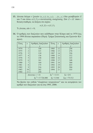 130
13.	 Δίνεται δείγμα ν ζευγών ( , )x y1 1 , ( , )x y2 2 , …,( , )x yν ν δύο μεταβλητών Χ
και Υ και έστω r X Y( , ) ο συντελεστής συσχέτισης. Εάν Z Y= λ όπου λ
θετική σταθερά, να δείξετε ότι ισχύει:
r X Z r X Y( , ) ( , )= .
	 Τι γίνεται, εάν λ  0;
14.	 Ο αριθμός των διαζυγίων που εκδόθηκαν στην Κύπρο από το 1974 έως
το 1994 δίνεται παρακάτω (Πηγή: Τμήμα Στατιστικής και Ερευνών Κύ-
πρου).
	
	 Να βρείτε την ευθεία “ελαχίστων τετραγώνων” και να εκτιμήσετε τον
αριθμό των διαζυγίων για τα έτη 1995, 2000.
22-0088-02.indd 130 6/9/2013 11:13:23 πμ
 