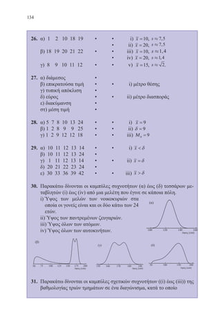134
26.	 α) 1 2 10 18 19 	 •	 • 	 i) x =10, s » 7 5,
						 • ii) x = 20, s » 7 5,
	 β) 18 19 20 21 22	 • 	 • iii) x =10, s »1,4
						 • iv) x = 20, s »1 4,
	 γ) 8 9 10 11 12	 •	 • v) x =15, s » 2.
27.	 α) διάμεσος		 •
	 β) επικρατούσα τιμή	 •	 •	 i) μέτρο θέσης
	 γ) τυπική απόκλιση 	 •
	 δ) εύρος			 •	 • ii) μέτρο διασποράς
	 ε) διακύμανση 		 •
	 στ) μέση τιμή 		 •
28.	 α) 5 7 8 10 13 24	 •	 •	 i) x = 9
	 β) 1 2 8 9 9 25	 •	 • ii) δ = 9
	 γ) 1 2 9 12 12 18	 •	 • iii) Μ 0 9=
29.	 α) 10 11 12 13 14	 •	 •	 i) x  δ
	 β) 10 11 12 13 24	 •
	 γ) 1 11 12 13 14 	 •	 • ii) x = δ
	 δ) 20 21 22 23 24	 •
	 ε) 30 33 36 39 42 	 • 	 • iii) x  δ
30.	 Παρακάτω δίνονται οι καμπύλες συχνοτήτων (α) έως (δ) τεσσάρων με-
ταβλητών (i) έως (iv) από μια μελέτη που έγινε σε κάποια πόλη.
	 i) Ύψος των μελών των νοικοκυριών στα
οποία οι γονείς είναι και οι δύο κάτω των 24
ετών.
	 ii) Ύψος των παντρεμένων ζευγαριών.
	 iii) Ύψος όλων των ατόμων.
	 iv) Ύψος όλων των αυτοκινήτων.
31.	 Παρακάτω δίνονται οι καμπύλες σχετικών συχνοτήτων ((i) έως (iii)) της
βαθμολογίας τριών τμημάτων σε ένα διαγώνισμα, κατά το οποίο
22-0088-02.indd 134 6/9/2013 11:13:30 πμ
 