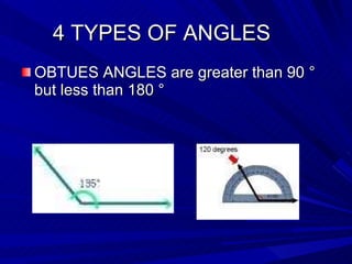4 TYPES OF ANGLES OBTUES ANGLES are greater than 90  ° but less than 180 ° 