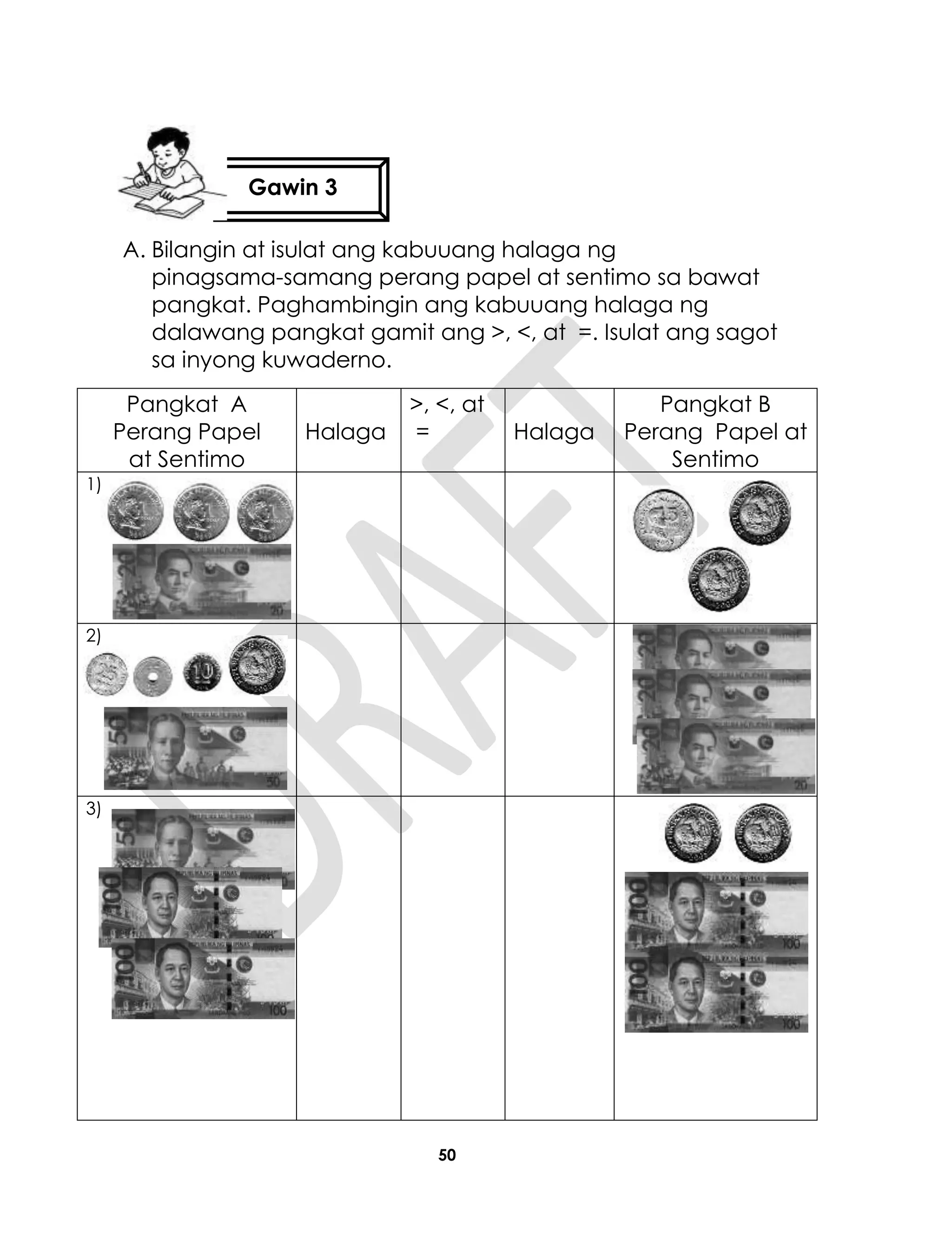 50
A. Bilangin at isulat ang kabuuang halaga ng
pinagsama-samang perang papel at sentimo sa bawat
pangkat. Paghambingin ang kabuuang halaga ng
dalawang pangkat gamit ang >, <, at =. Isulat ang sagot
sa inyong kuwaderno.
Pangkat A
Perang Papel
at Sentimo
Halaga
>, <, at
= Halaga
Pangkat B
Perang Papel at
Sentimo
1)
2)
3)
Gawin 3
 