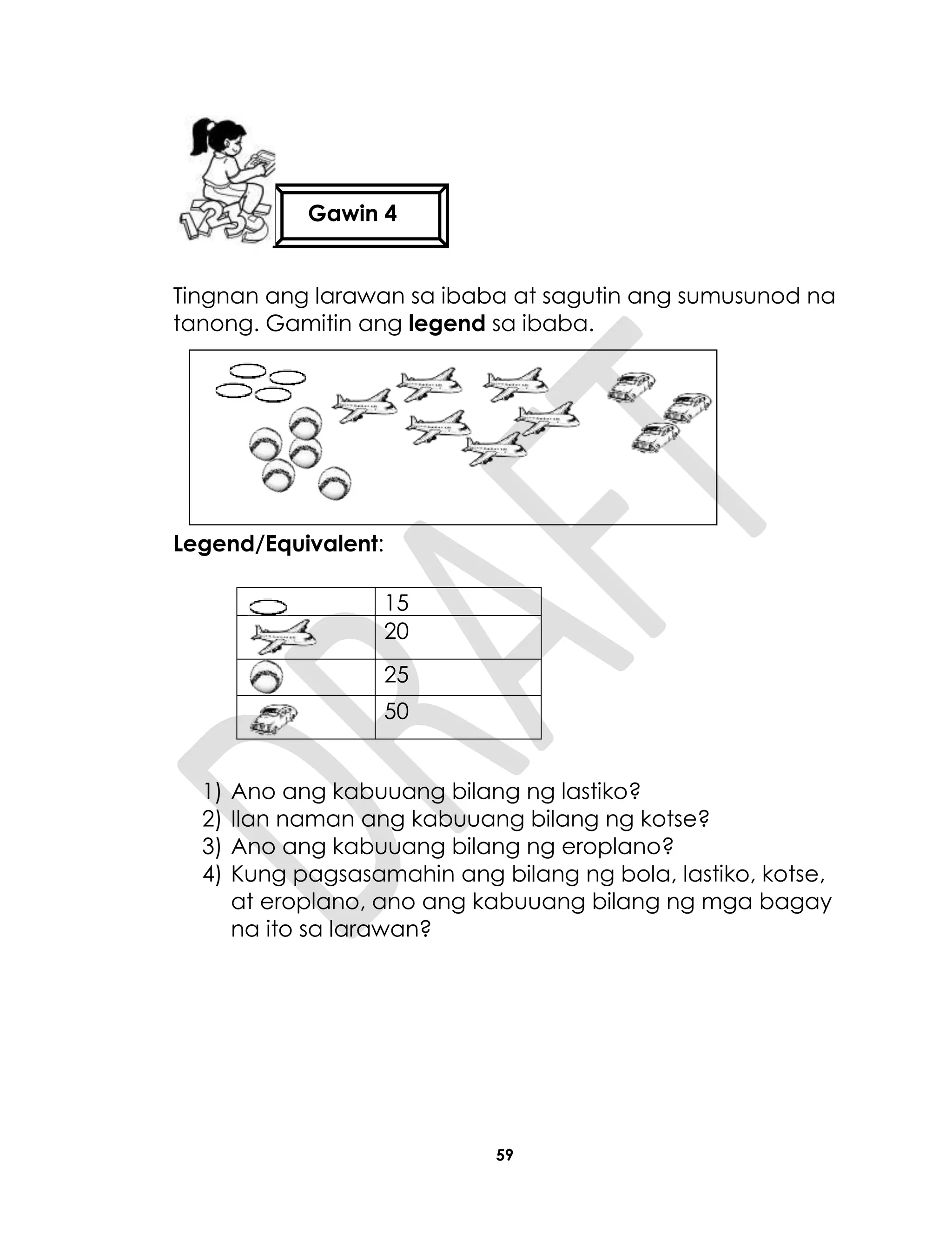 59
Tingnan ang larawan sa ibaba at sagutin ang sumusunod na
tanong. Gamitin ang legend sa ibaba.
Legend/Equivalent:
1) Ano ang kabuuang bilang ng lastiko?
2) Ilan naman ang kabuuang bilang ng kotse?
3) Ano ang kabuuang bilang ng eroplano?
4) Kung pagsasamahin ang bilang ng bola, lastiko, kotse,
at eroplano, ano ang kabuuang bilang ng mga bagay
na ito sa larawan?
15
20
25
50
Gawin 4
 