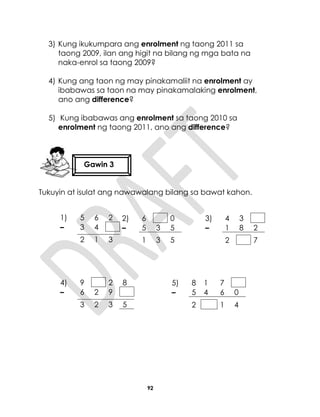 92
3) Kung ikukumpara ang enrolment ng taong 2011 sa
taong 2009, ilan ang higit na bilang ng mga bata na
naka-enrol sa taong 2009?
4) Kung ang taon ng may pinakamaliit na enrolment ay
ibabawas sa taon na may pinakamalaking enrolment,
ano ang difference?
5) Kung ibabawas ang enrolment sa taong 2010 sa
enrolment ng taong 2011, ano ang difference?
Tukuyin at isulat ang nawawalang bilang sa bawat kahon.
1) 5 6 2
– 3 4
2 1 3
2) 6 0
– 5 3 5
1 3 5
3) 4 3
– 1 8 2
2 7
4) 9 2 8
– 6 2 9
3 2 3 5
5) 8 1 7
– 5 4 6 0
2 1 4
Gawin 3
 