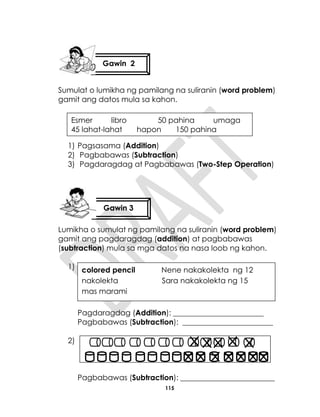 115
Sumulat o lumikha ng pamilang na suliranin (word problem)
gamit ang datos mula sa kahon.
1) Pagsasama (Addition)
2) Pagbabawas (Subtraction)
3) Pagdaragdag at Pagbabawas (Two-Step Operation)
Lumikha o sumulat ng pamilang na suliranin (word problem)
gamit ang pagdaragdag (addition) at pagbabawas
(subtraction) mula sa mga datos na nasa loob ng kahon.
1)
Pagdaragdag (Addition): ________________________
Pagbabawas (Subtraction): ________________________
2)
Pagbabawas (Subtraction): _________________________
Gawin 2
Gawin 3
Esmer libro 50 pahina umaga
45 lahat-lahat hapon 150 pahina
colored pencil Nene nakakolekta ng 12
nakolekta Sara nakakolekta ng 15
mas marami
 