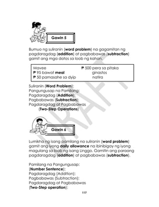 117
Bumuo ng suliranin (word problem) na gagamitan ng
pagdaragdag (addition) at pagbabawas (subtraction)
gamit ang mga datos sa loob ng kahon.
Suliranin (Word Problem):
Pangungusap na Pamilang:
Pagdaragdag (Addition):
Pagbabawas (Subtraction):
Pagdaragdag at Pagbabawas
(Two-Step Operations)
Lumikha ng isang pamilang na suliranin (word problem)
gamit ang iyong daily allowance na ibinibigay ng iyong
magulang sa loob ng isang Linggo. Gamitin ang paraang
pagdaragdag (addition) at pagbabawas (subtraction).
Pamilang na Pangungusap:
(Number Sentence):
Pagdaragdag (Addition):
Pagbabawas (Subtraction):
Pagdaragdag at Pagbabawas
(Two-Step operation):
Gawin 5
554
Gawin 6
Mavee ₱ 500 pera sa pitaka
₱ 95 bawat meal ginastos
₱ 50 pamasahe sa dyip natira
 