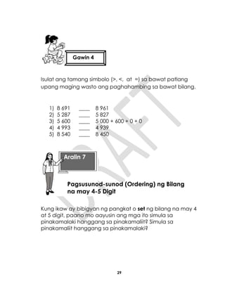 29
Isulat ang tamang simbolo (>, <, at =) sa bawat patlang
upang maging wasto ang paghahambing sa bawat bilang.
1) 8 691 ____ 8 961
2) 5 287 ____ 5 827
3) 5 600 ____ 5 000 + 600 + 0 + 0
4) 4 993 ____ 4 939
5) 8 540 ____ 8 450
Kung ikaw ay bibigyan ng pangkat o set ng bilang na may 4
at 5 digit, paano mo aayusin ang mga ito simula sa
pinakamalaki hanggang sa pinakamaliit? Simula sa
pinakamaliit hanggang sa pinakamalaki?
Gawin 4
Aralin 7
Pagsusunod-sunod (Ordering) ng Bilang
na may 4-5 Digit
 