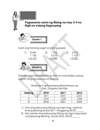 57
Isulat ang tamang sagot sa inyong papel.
1) 8 447
1 130
+ 5 110
2) 1 103
3 210
+ 4 030
3) 3 010
1 102
+ 5 221
Gamitin ang impormasyon sa tsart na nasa ibaba upang
sagutin ang sumusunod na tanong.
Enrolment ng Paaralang Elementarya ng
Gen. Gregorio del Pilar
Baitang 2010 2011 2012
I 1411 2101 2121
II 1210 1122 1234
III 2034 2221 2333
1) Ano ang kabuuang bilang ng mga mag- aaral sa
Unang Baitang simula 2011 hanggang 2012? ______
2) Ilan naman ang kabuuang bilang ng mga mag-aaral
sa Ikalawang Baitang simula 2010- 2012? ______
Lesson 13
Gawin 1
Gawin 2
Aralin 13
Pagsasama-sama ng Bilang na may 3-4 na
Digit na walang Regrouping
 