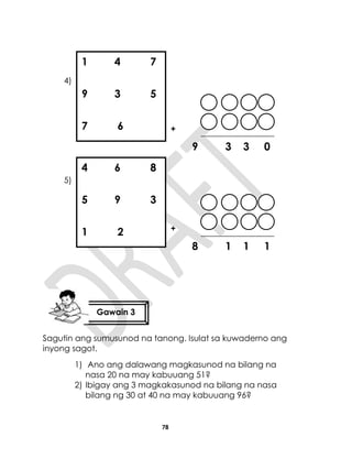 78
4)
+
9 3 3 0
5)
+
8 1 1 1
Sagutin ang sumusunod na tanong. Isulat sa kuwaderno ang
inyong sagot.
1) Ano ang dalawang magkasunod na bilang na
nasa 20 na may kabuuang 51?
2) Ibigay ang 3 magkakasunod na bilang na nasa
bilang ng 30 at 40 na may kabuuang 96?
1 4 7
9 3 5
7 6
4 6 8
5 9 3
1 2
Gawain 3
 