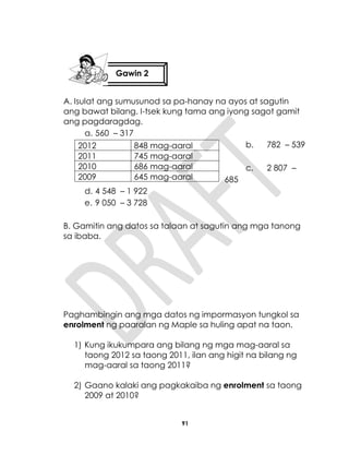 91
A. Isulat ang sumusunod sa pa-hanay na ayos at sagutin
ang bawat bilang. I-tsek kung tama ang iyong sagot gamit
ang pagdaragdag.
a. 560 – 317
b. 782 – 539
c. 2 807 –
685
d. 4 548 – 1 922
e. 9 050 – 3 728
B. Gamitin ang datos sa talaan at sagutin ang mga tanong
sa ibaba.
Paghambingin ang mga datos ng impormasyon tungkol sa
enrolment ng paaralan ng Maple sa huling apat na taon.
1) Kung ikukumpara ang bilang ng mga mag-aaral sa
taong 2012 sa taong 2011, ilan ang higit na bilang ng
mag-aaral sa taong 2011?
2) Gaano kalaki ang pagkakaiba ng enrolment sa taong
2009 at 2010?
2012 848 mag-aaral
2011 745 mag-aaral
2010 686 mag-aaral
2009 645 mag-aaral
Gawin 2
 