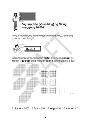 6
Kung magbibilang ka at magsisimula sa 5 000, ano ang
kasunod na bilang?
Gamitin ang sansandaanan (flats), sampuan (longs), at
isahan (squares) para maipakita and katumbas ng 5 633.
5 blocks = 5 000 6 flats = 600 5 longs = 50 3 squares = 3
Aralin 2
Pagpapakita (Visualizing) ng Bilang
Hanggang 10 000
Gawin 1
 