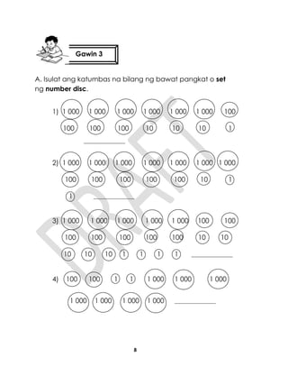 8
A. Isulat ang katumbas na bilang ng bawat pangkat o set
ng number disc.
1) 1 000 1 000 1 000 1 000 1 000 1 000 100
100 100 100 10 10 10 1
_________________
2) 1 000 1 000 1 000 1 000 1 000 1 000 1 000
100 100 100 100 100 10 1
1 _________________
3) 1 000 1 000 1 000 1 000 1 000 100 100
100 100 100 100 100 10 10
10 10 10 1 1 1 1 _________________
4) 100 100 1 1 1 000 1 000 1 000
1 000 1 000 1 000 1 000 _________________
Gawin 3
 