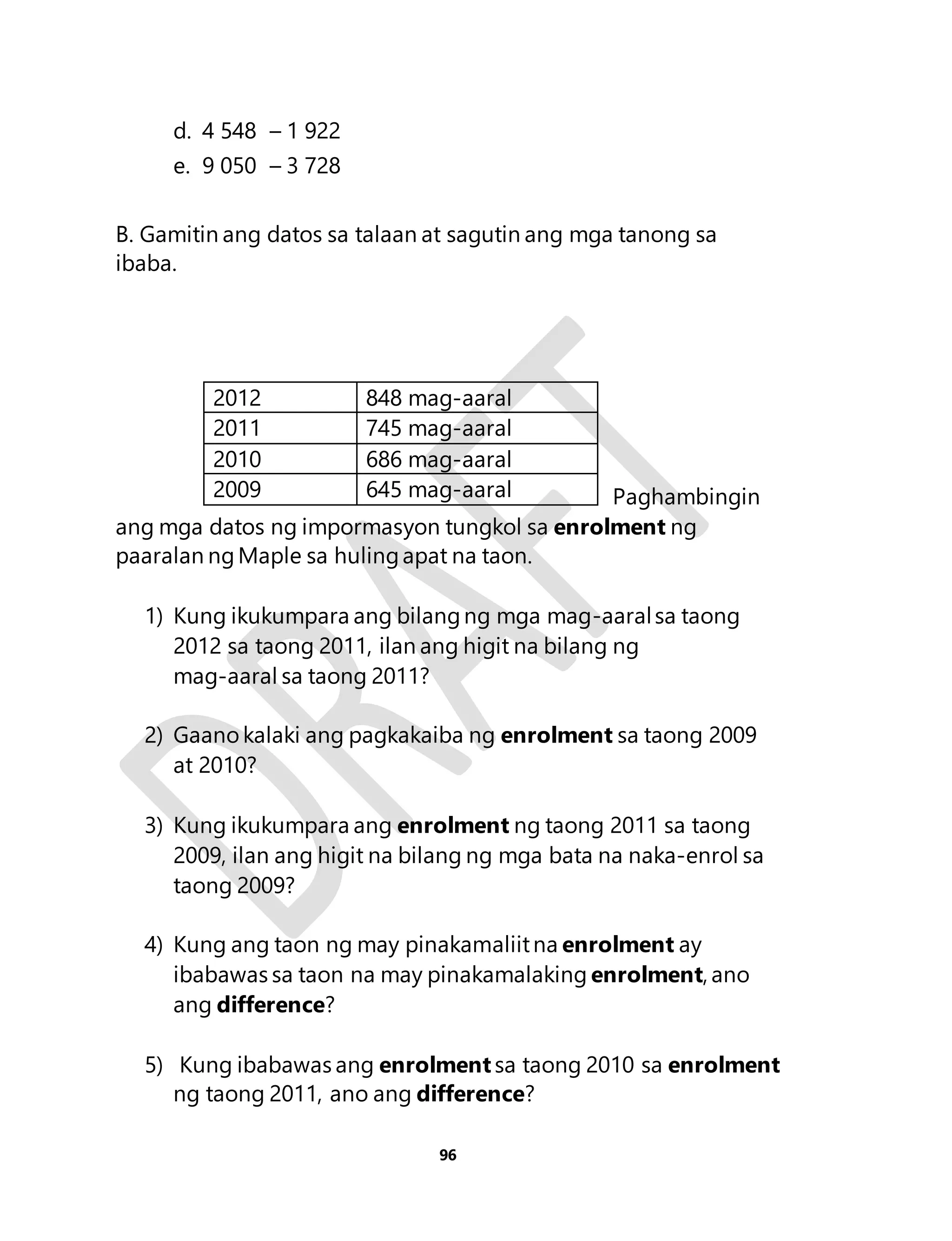 2012 848 mag-aaral 
2011 745 mag-aaral 
2010 686 mag-aaral 
2009 645 mag-aaral 
96 
d. 4 548 – 1 922 
e. 9 050 – 3 728 
B. Gamitin ang datos sa talaan at sagutin ang mga tanong sa 
ibaba. 
Paghambingin 
ang mga datos ng impormasyon tungkol sa enrolment ng 
paaralan ng Maple sa huling apat na taon. 
1) Kung ikukumpara ang bilang ng mga mag-aaral sa taong 
2012 sa taong 2011, ilan ang higit na bilang ng 
mag-aaral sa taong 2011? 
2) Gaano kalaki ang pagkakaiba ng enrolment sa taong 2009 
at 2010? 
3) Kung ikukumpara ang enrolment ng taong 2011 sa taong 
2009, ilan ang higit na bilang ng mga bata na naka-enrol sa 
taong 2009? 
4) Kung ang taon ng may pinakamaliit na enrolment ay 
ibabawas sa taon na may pinakamalaking enrolment, ano 
ang difference? 
5) Kung ibabawas ang enrolment sa taong 2010 sa enrolment 
ng taong 2011, ano ang difference? 
 
