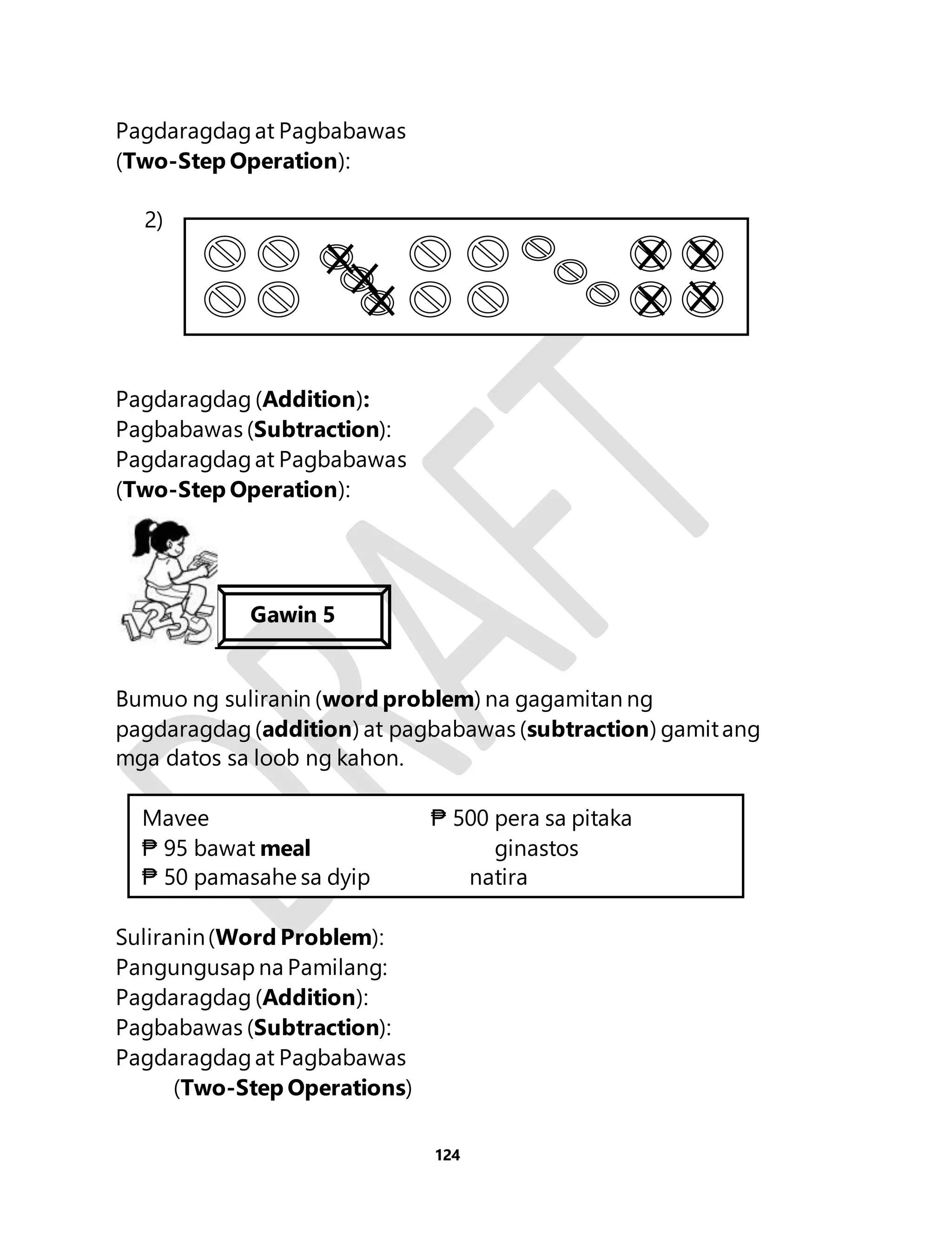 Mavee ₱ 500 pera sa pitaka 
₱ 95 bawat meal ginastos 
₱ 50 pamasahe sa dyip natira 
124 
Pagdaragdag at Pagbabawas 
(Two-Step Operation): 
2) 
Pagdaragdag (Addition): 
Pagbabawas (Subtraction): 
Pagdaragdag at Pagbabawas 
(Two-Step Operation): 
Gawin 5 
554 
Bumuo ng suliranin (word problem) na gagamitan ng 
pagdaragdag (addition) at pagbabawas (subtraction) gamit ang 
mga datos sa loob ng kahon. 
Suliranin (Word Problem): 
Pangungusap na Pamilang: 
Pagdaragdag (Addition): 
Pagbabawas (Subtraction): 
Pagdaragdag at Pagbabawas 
(Two-Step Operations) 
 