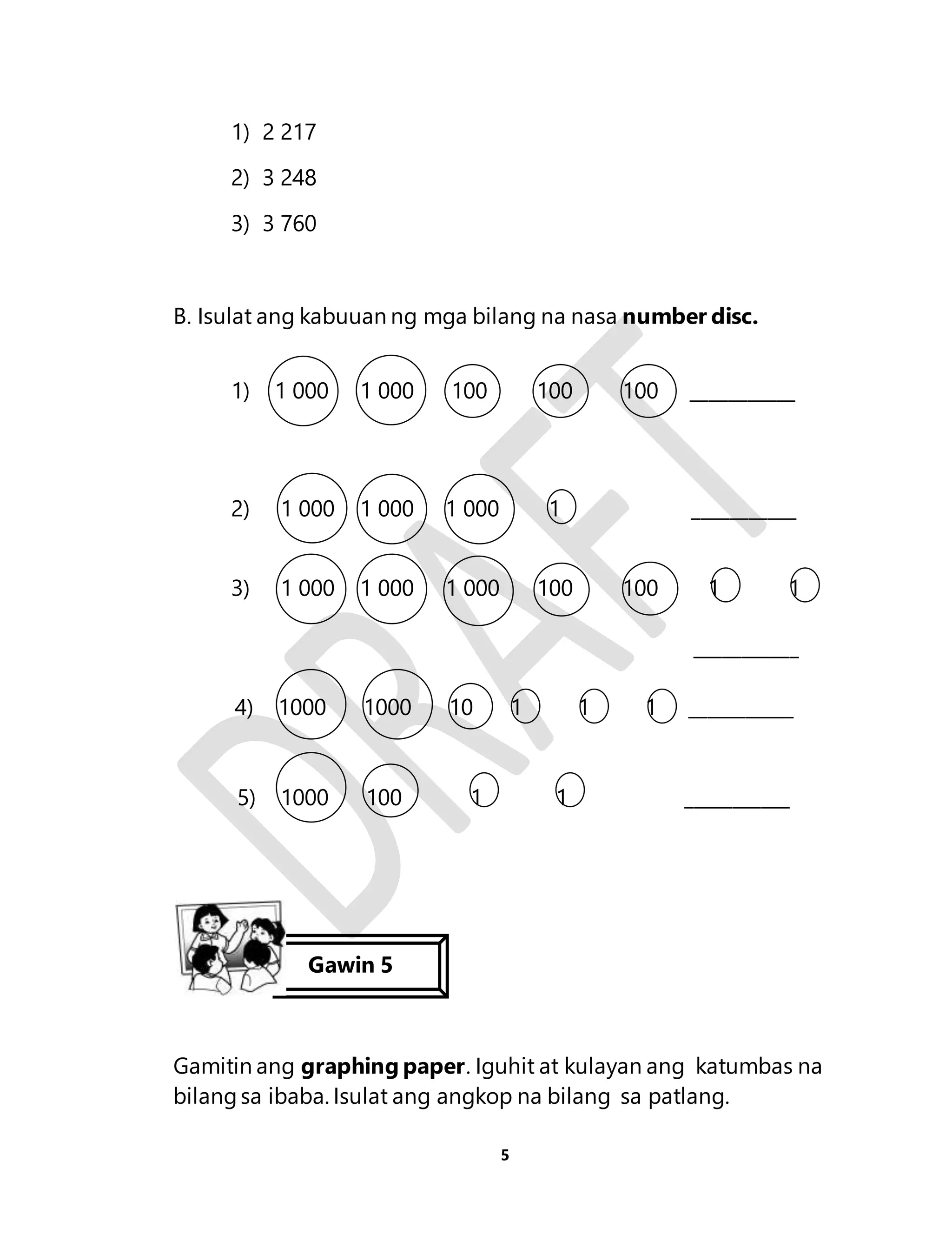 5 
1) 2 217 
2) 3 248 
3) 3 760 
B. Isulat ang kabuuan ng mga bilang na nasa number disc. 
1) 1 000 1 000 100 100 100 ___________ 
2) 1 000 1 000 1 000 1 ___________ 
3) 1 000 1 000 1 000 100 100 1 1 
___________ 
4) 1000 1000 10 1 1 1 ___________ 
5) 1000 100 1 1 ___________ 
Gawin 5 
Gamitin ang graphing paper. Iguhit at kulayan ang katumbas na 
bilang sa ibaba. Isulat ang angkop na bilang sa patlang. 
 