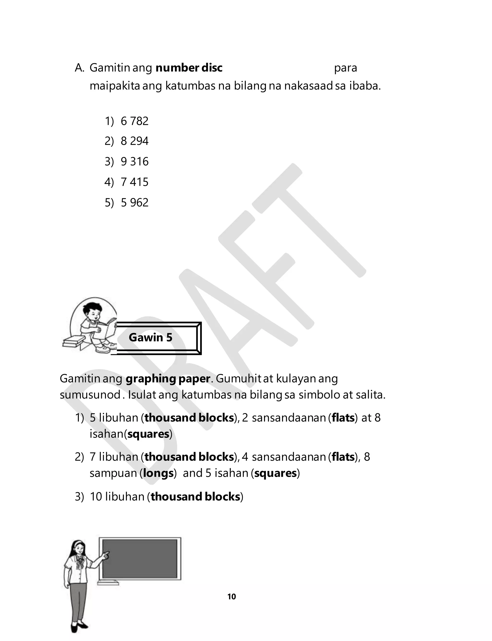 A. Gamitin ang number disc para 
maipakita ang katumbas na bilang na nakasaad sa ibaba. 
10 
1) 6 782 
2) 8 294 
3) 9 316 
4) 7 415 
5) 5 962 
Gawin 5 
Gamitin ang graphing paper. Gumuhit at kulayan ang 
sumusunod . Isulat ang katumbas na bilang sa simbolo at salita. 
1) 5 libuhan (thousand blocks), 2 sansandaanan (flats) at 8 
isahan(squares) 
2) 7 libuhan (thousand blocks), 4 sansandaanan (flats), 8 
sampuan (longs) and 5 isahan (squares) 
3) 10 libuhan (thousand blocks) 
Aralin 3 
 