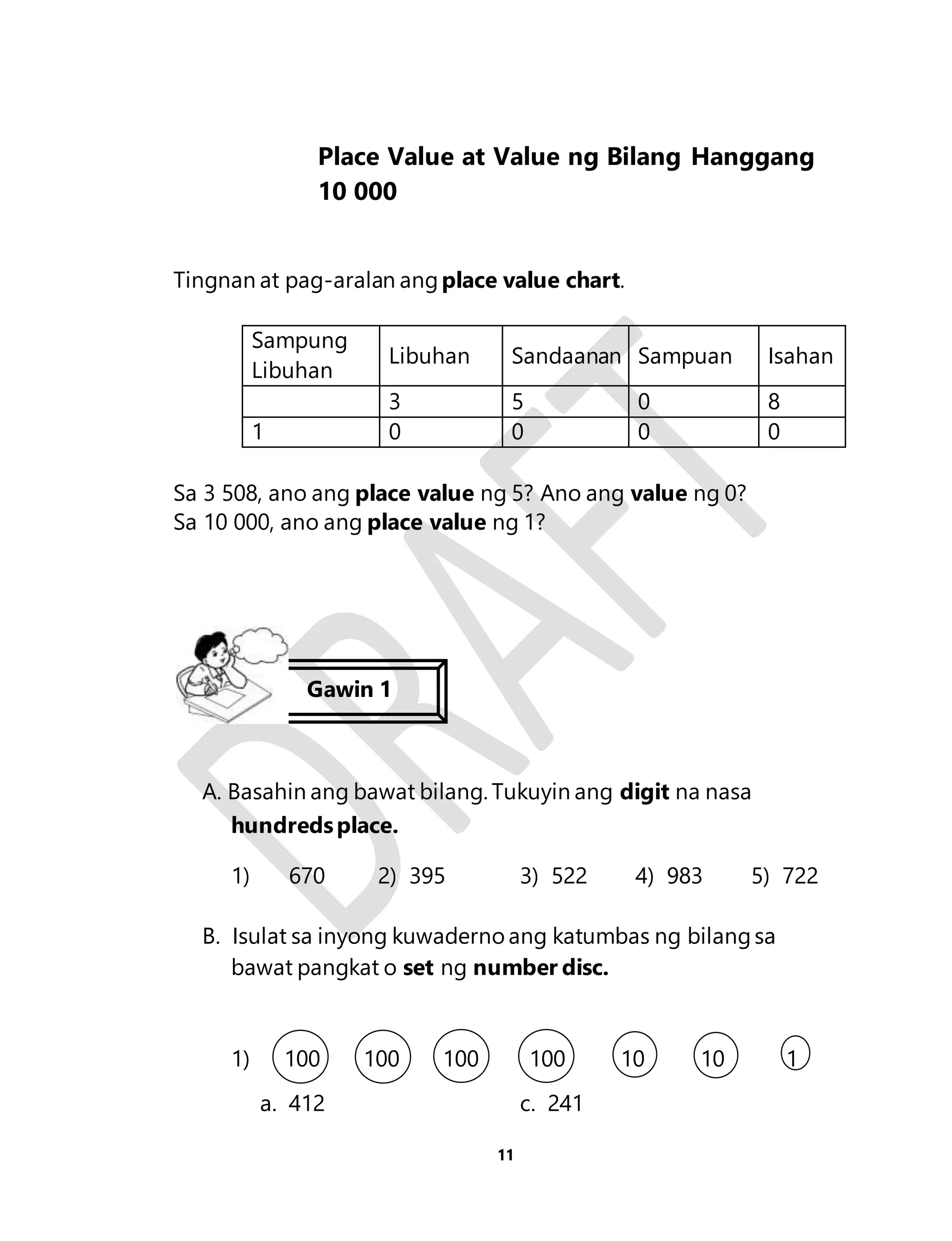Place Value at Value ng Bilang Hanggang 
10 000 
Tingnan at pag-aralan ang place value chart. 
11 
Sampung 
Libuhan 
Libuhan Sandaanan Sampuan Isahan 
3 5 0 8 
1 0 0 0 0 
Sa 3 508, ano ang place value ng 5? Ano ang value ng 0? 
Sa 10 000, ano ang place value ng 1? 
Gawin 1 
A. Basahin ang bawat bilang. Tukuyin ang digit na nasa 
hundreds place. 
1) 670 2) 395 3) 522 4) 983 5) 722 
B. Isulat sa inyong kuwaderno ang katumbas ng bilang sa 
bawat pangkat o set ng number disc. 
1) 100 100 100 100 10 10 1 
a. 412 c. 241 
 