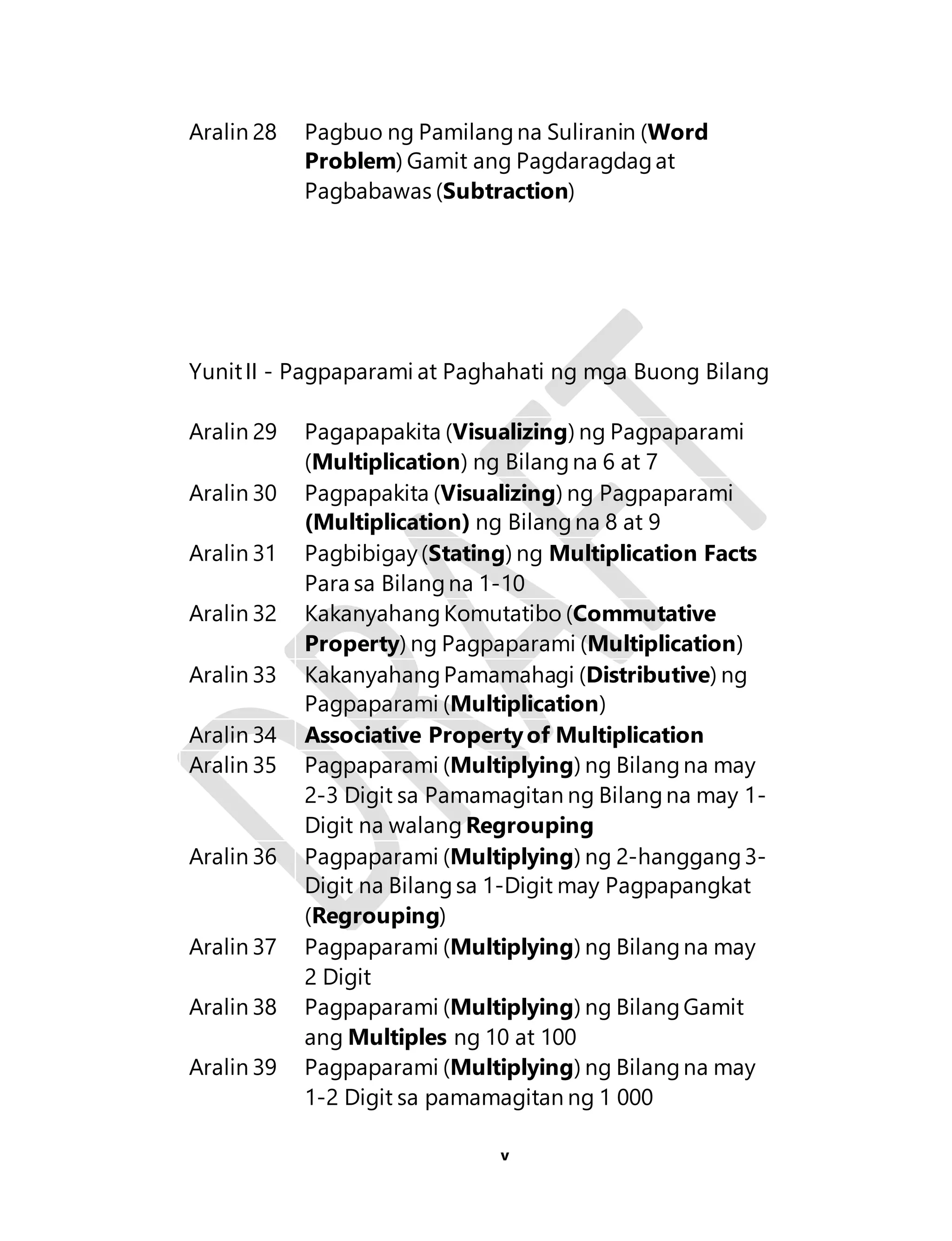 Aralin 28 Pagbuo ng Pamilang na Suliranin (Word 
Problem) Gamit ang Pagdaragdag at 
Pagbabawas (Subtraction) 
Yunit II - Pagpaparami at Paghahati ng mga Buong Bilang 
Aralin 29 Pagapapakita (Visualizing) ng Pagpaparami 
(Multiplication) ng Bilang na 6 at 7 
Aralin 30 Pagpapakita (Visualizing) ng Pagpaparami 
(Multiplication) ng Bilang na 8 at 9 
Aralin 31 Pagbibigay (Stating) ng Multiplication Facts 
Para sa Bilang na 1-10 
Aralin 32 Kakanyahang Komutatibo (Commutative 
Property) ng Pagpaparami (Multiplication) 
Aralin 33 Kakanyahang Pamamahagi (Distributive) ng 
Pagpaparami (Multiplication) 
Aralin 34 Associative Property of Multiplication 
Aralin 35 Pagpaparami (Multiplying) ng Bilang na may 
2-3 Digit sa Pamamagitan ng Bilang na may 1- 
Digit na walang Regrouping 
Aralin 36 Pagpaparami (Multiplying) ng 2-hanggang 3- 
Digit na Bilang sa 1-Digit may Pagpapangkat 
(Regrouping) 
Aralin 37 Pagpaparami (Multiplying) ng Bilang na may 
v 
2 Digit 
Aralin 38 Pagpaparami (Multiplying) ng Bilang Gamit 
ang Multiples ng 10 at 100 
Aralin 39 Pagpaparami (Multiplying) ng Bilang na may 
1-2 Digit sa pamamagitan ng 1 000 
 