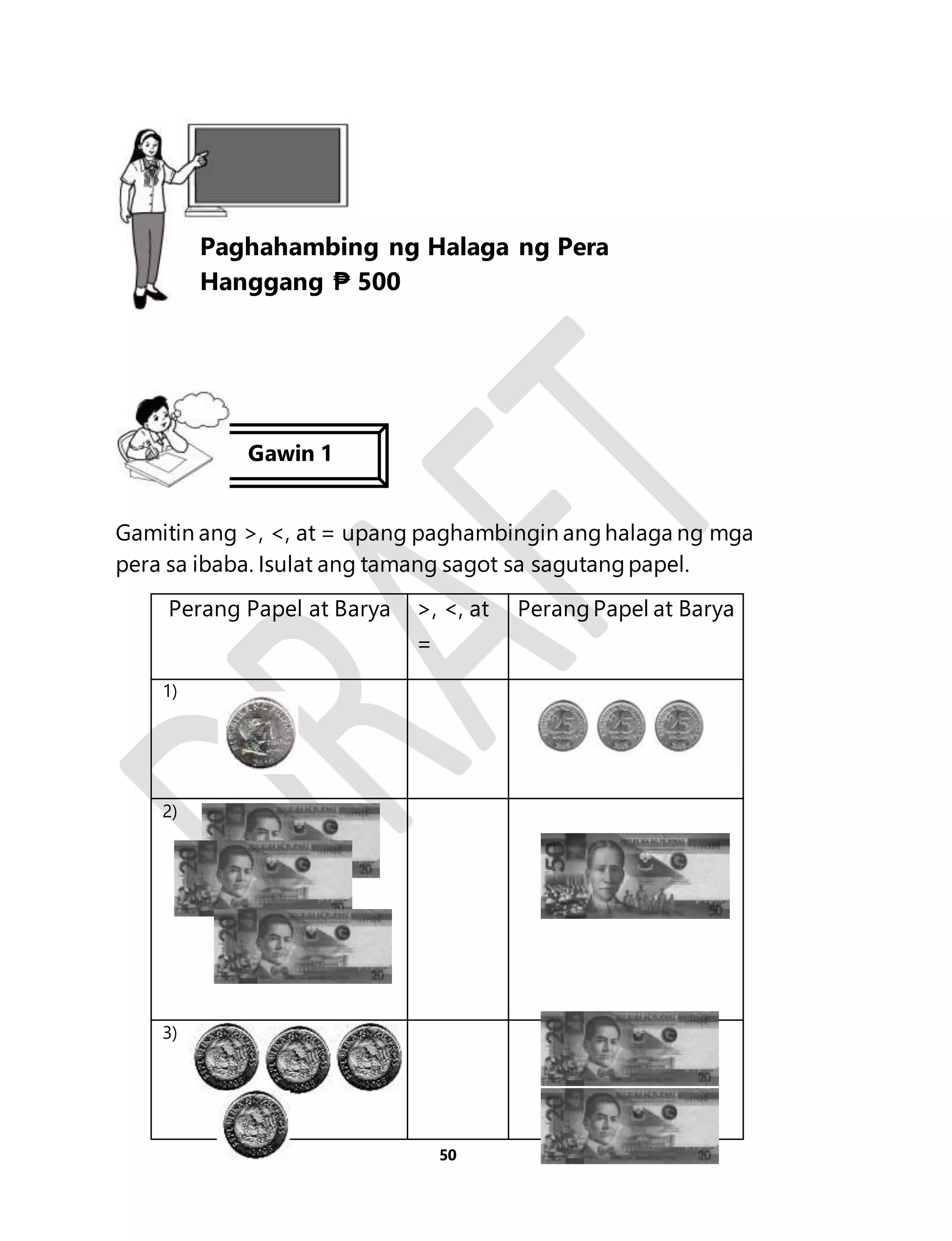 Aralin 11 
Paghahambing ng Halaga ng Pera 
Hanggang ₱ 500 
Gamitin ang >, <, at = upang paghambingin ang halaga ng mga 
pera sa ibaba. Isulat ang tamang sagot sa sagutang papel. 
Perang Papel at Barya >, <, at 
50 
= 
Perang Papel at Barya 
1) 
2) 
3) 
Gawin 1 
 