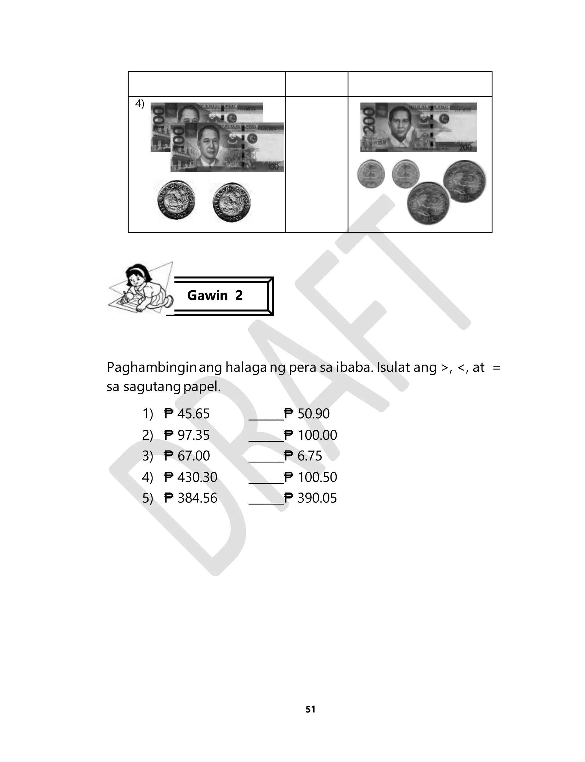 51 
4) 
Gawin 2 
Paghambingin ang halaga ng pera sa ibaba. Isulat ang >, <, at = 
sa sagutang papel. 
1) ₱ 45.65 ______₱ 50.90 
2) ₱ 97.35 ______₱ 100.00 
3) ₱ 67.00 ______₱ 6.75 
4) ₱ 430.30 ______₱ 100.50 
5) ₱ 384.56 ______₱ 390.05 
 
