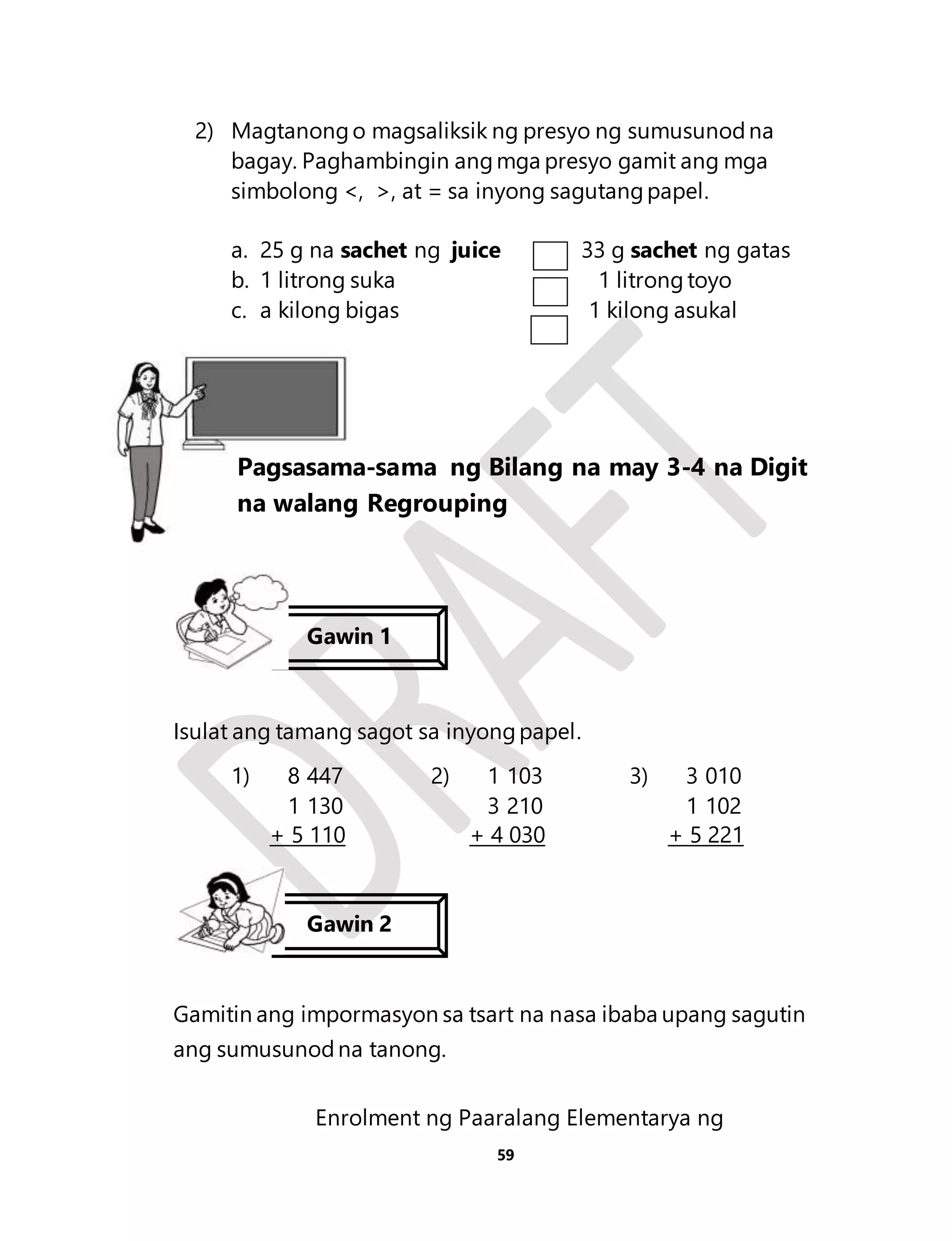 2) Magtanong o magsaliksik ng presyo ng sumusunod na 
bagay. Paghambingin ang mga presyo gamit ang mga 
simbolong <, >, at = sa inyong sagutang papel. 
a. 25 g na sachet ng juice 33 g sachet ng gatas 
b. 1 litrong suka 1 litrong toyo 
c. a kilong bigas 1 kilong asukal 
Aralin 13 
Pagsasama-Lesson 13 
sama ng Bilang na may 3-4 na Digit 
na walang Regrouping 
Gawin 1 
Isulat ang tamang sagot sa inyong papel. 
59 
1) 8 447 
1 130 
+ 5 110 
2) 1 103 
3 210 
+ 4 030 
3) 3 010 
1 102 
+ 5 221 
Gawin 2 
Gamitin ang impormasyon sa tsart na nasa ibaba upang sagutin 
ang sumusunod na tanong. 
Enrolment ng Paaralang Elementarya ng 
 