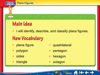 10-2   Plane Figures




   • I will identify, describe, and classify place figures.



   • plane figure             • quadrilateral
   • polygon                  • pentagon
   • sides                    • hexagon
   • triangle                 • octagon
 