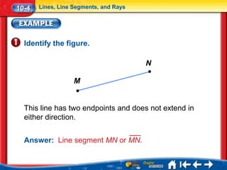 10-4   Lines, Line Segments, and Rays




  Identify the figure.

                                        N

                   M


  This line has two endpoints and does not extend in
  either direction.


  Answer: Line segment MN or MN.
 