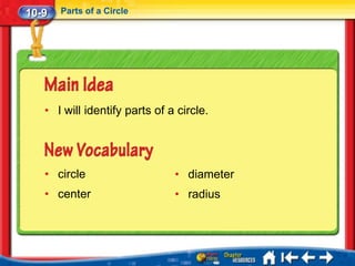10-9   Parts of a Circle




   • I will identify parts of a circle.




   • circle                    • diameter
   • center                    • radius
 