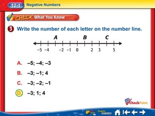 12-1   Negative Numbers




  Write the number of each letter on the number line.




  A.   –5; –4; –3
  B.   –3; –1; 4
  C.   –3; –2; –1
  D.   –3; 1; 4
 