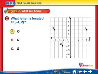 12-2   Find Points on a Grid




  What letter is located
  at (–4, 2)?

  A. Q

  B. R

  C. S
 