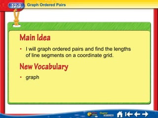 12-3   Graph Ordered Pairs




   • I will graph ordered pairs and find the lengths
     of line segments on a coordinate grid.



   • graph
 