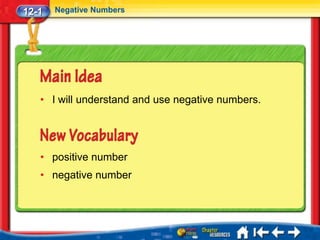12-1   Negative Numbers




   • I will understand and use negative numbers.




   • positive number
   • negative number
 