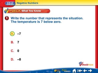 12-1   Negative Numbers




  Write the number that represents the situation.
  The temperature is 7 below zero.


  A.   –7

  B.   7

  C.   0

  D.   –8
 