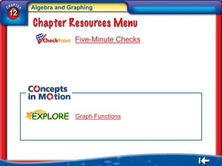 Algebra and Graphing
12


                   Five-Minute Checks




                   Graph Functions
 