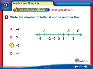 Algebra and Graphing
12
                                (over Lesson 12-1)

     Write the number of letter A on the number line.


     A. –2

     B. 3

     C. –3

     D. –1
 