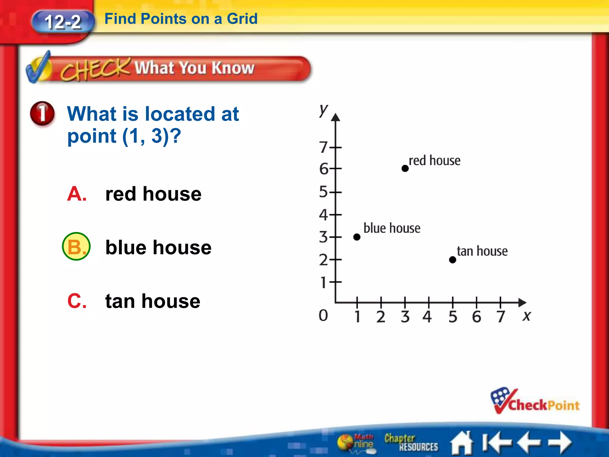 12-2   Find Points on a Grid




  What is located at
  point (1, 3)?

  A. red house

  B. blue house

  C. tan house
 
