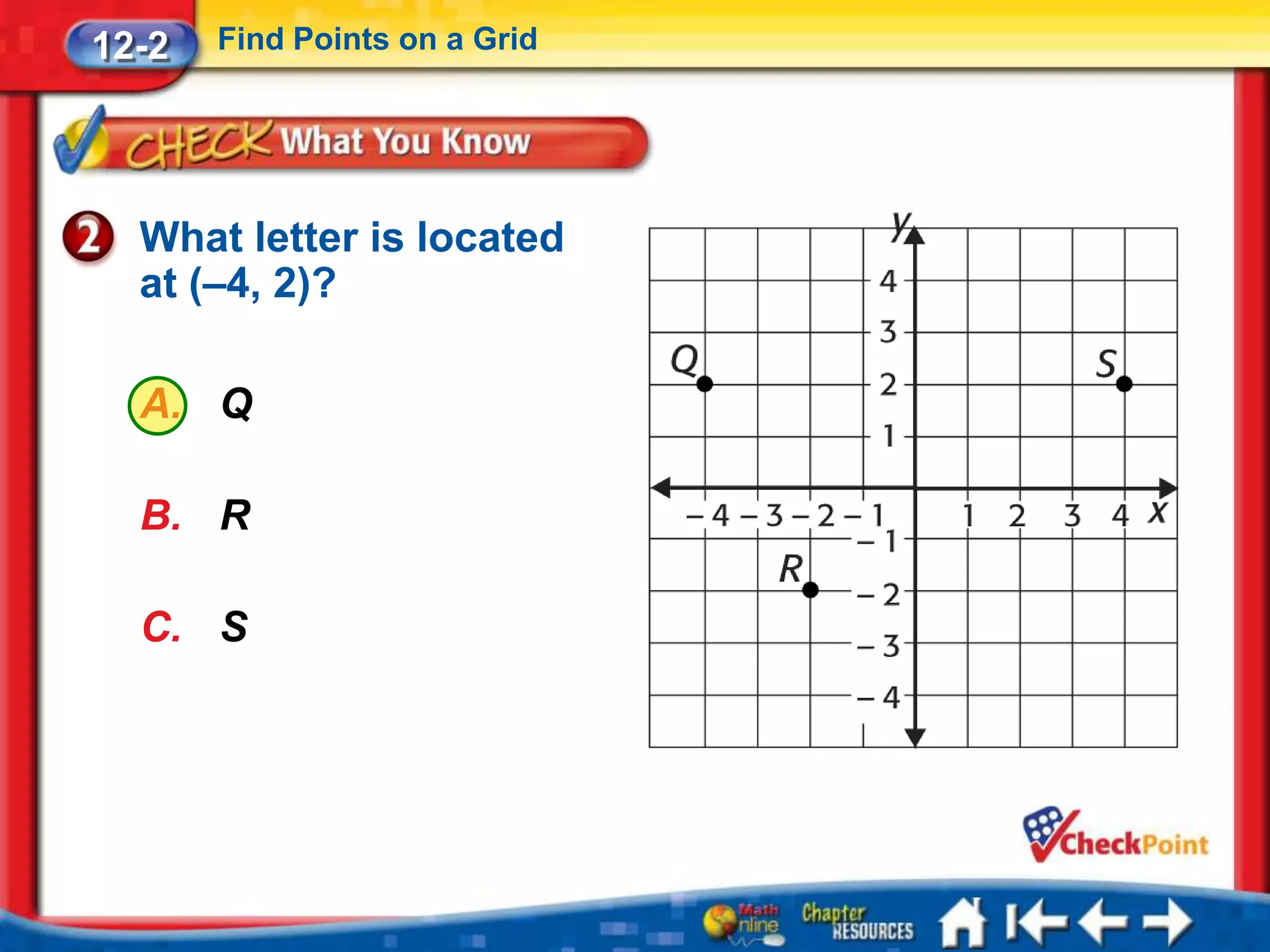 12-2   Find Points on a Grid




  What letter is located
  at (–4, 2)?

  A. Q

  B. R

  C. S
 