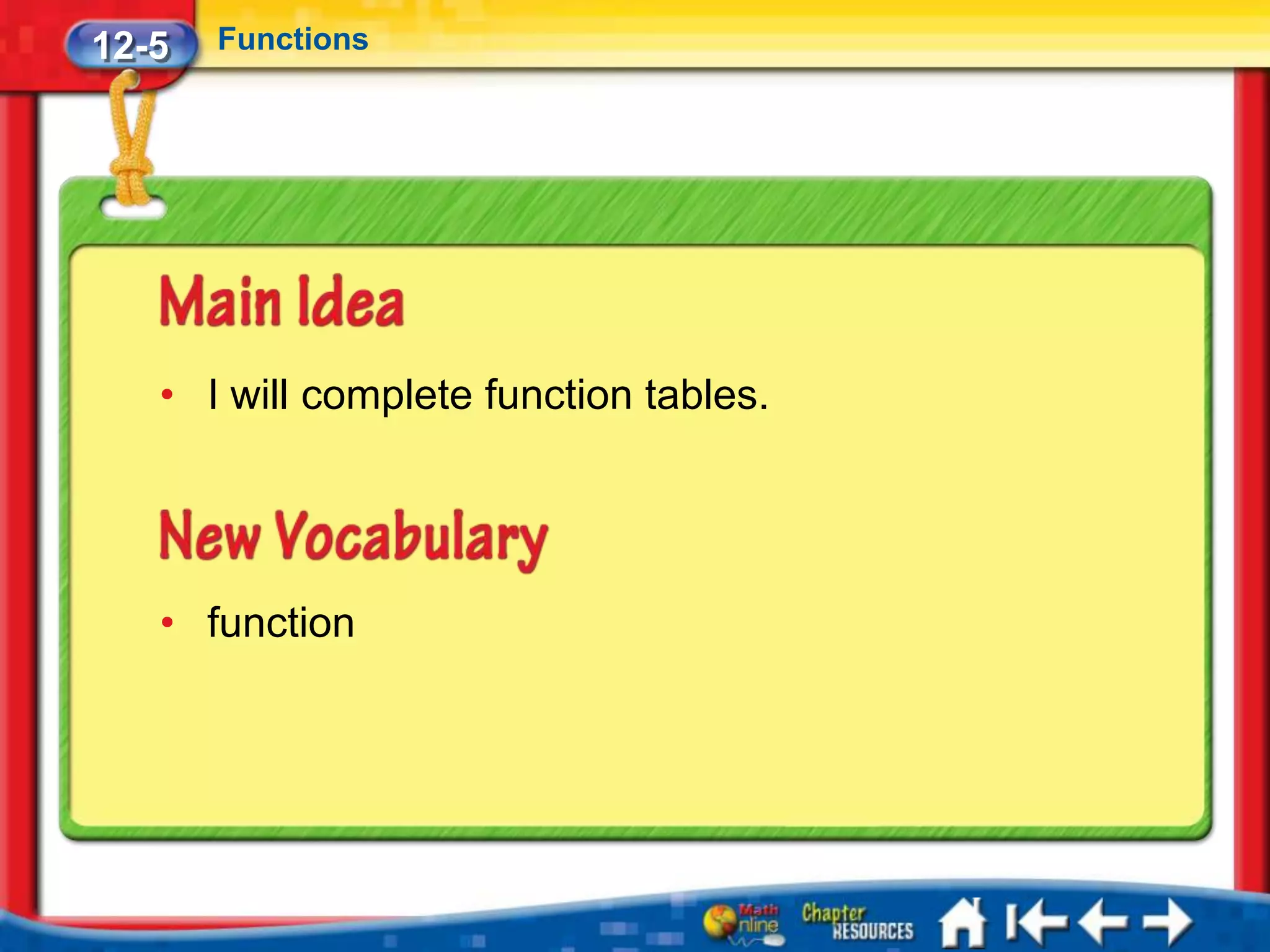 12-5   Functions




   • I will complete function tables.




   • function
 