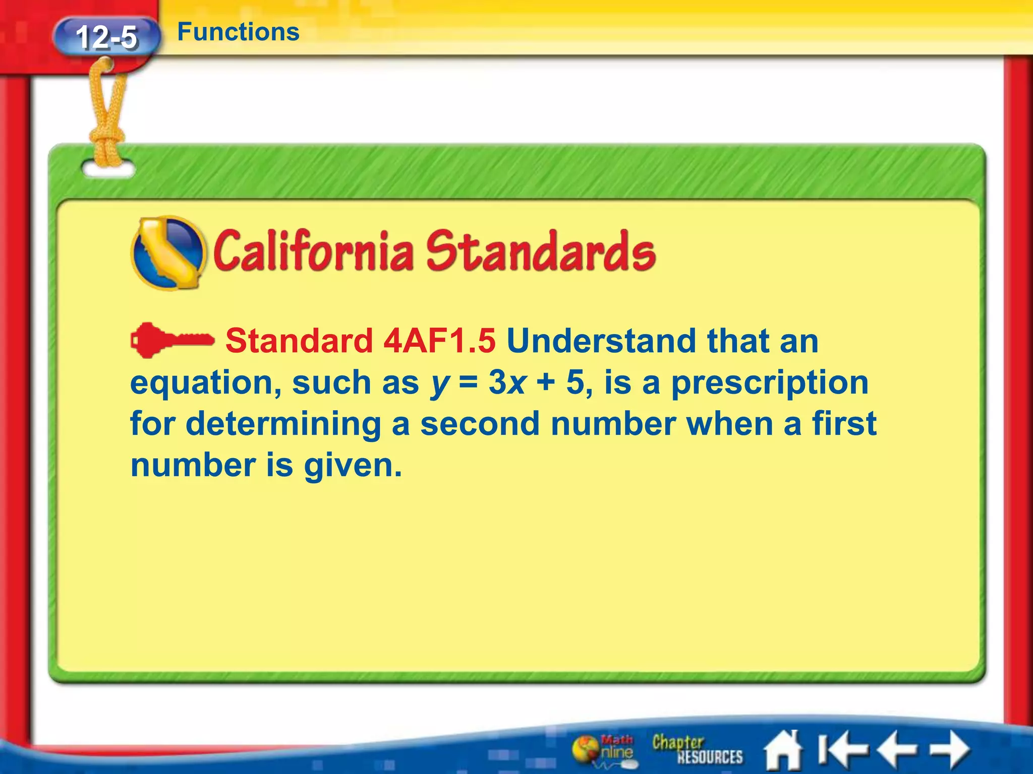 12-5   Functions




         Standard 4AF1.5 Understand that an
   equation, such as y = 3x + 5, is a prescription
   for determining a second number when a first
   number is given.
 