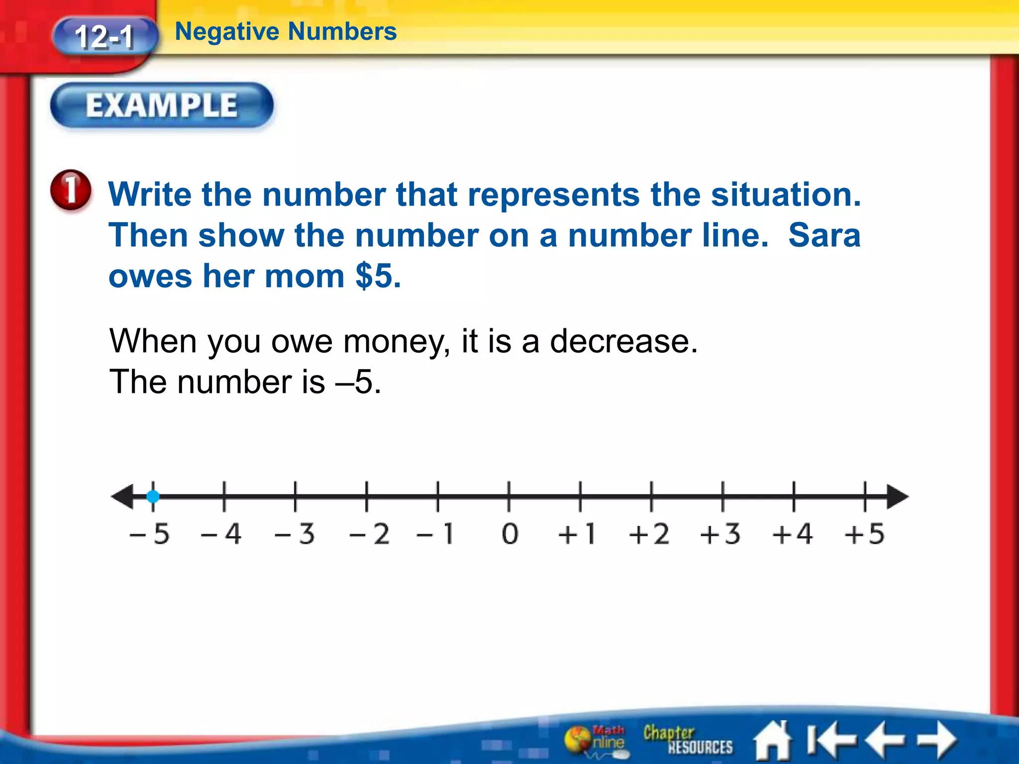 12-1   Negative Numbers




  Write the number that represents the situation.
  Then show the number on a number line. Sara
  owes her mom $5.
  When you owe money, it is a decrease.
  The number is –5.
 
